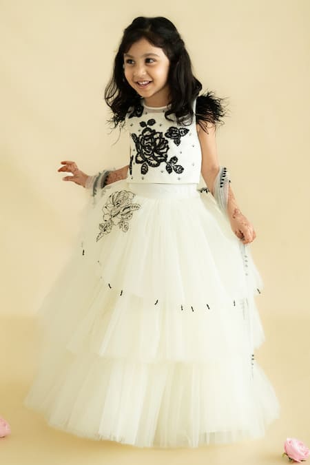 Ruchika Lath Label White Tulle, Crepe Beads, Feathers Midnight Rosa Embroidered Lehenga Blouse Set 