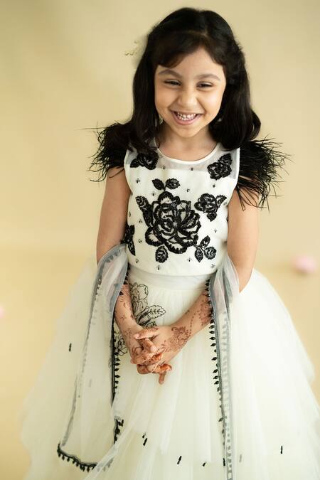 Shop Ruchika Lath Label White Tulle, Crepe Beads, Feathers Midnight Rosa Embroidered Lehenga Blouse Set Online at Aza Fashions Shop_Ruchika Lath Label_White Tulle, Crepe Beads, Feathers Midnight Rosa Embroidered Lehenga Blouse Set _Online_at_Aza_Fashions