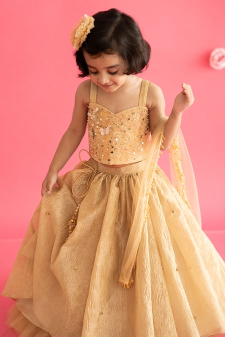 Ruchika Lath Label Gold Organza, Crepe Beads, Sequins, Embroidery Butterfly Lehenga Set at Aza Fashions Ruchika Lath Label_Gold Organza, Crepe Beads, Sequins, Embroidery Butterfly Lehenga Set _at_Aza_Fashions