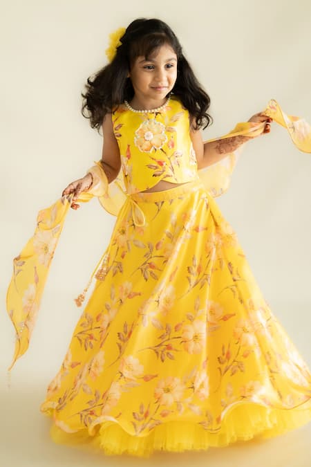 Ruchika Lath Label Yellow Crepe, Organza, Cotton, Silk Buttercup Bloom Print Lehenga Blouse Set 