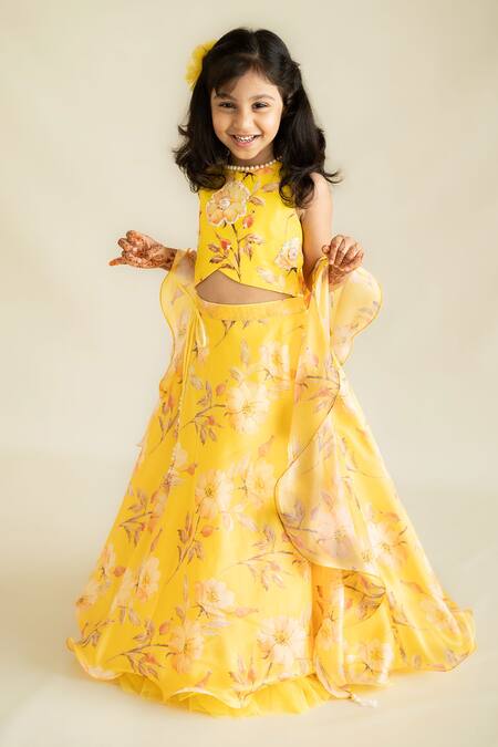 Shop Ruchika Lath Label Yellow Crepe, Organza, Cotton, Silk Buttercup Bloom Print Lehenga Blouse Set Online at Aza Fashions Shop_Ruchika Lath Label_Yellow Crepe, Organza, Cotton, Silk Buttercup Bloom Print Lehenga Blouse Set _Online_at_Aza_Fashions