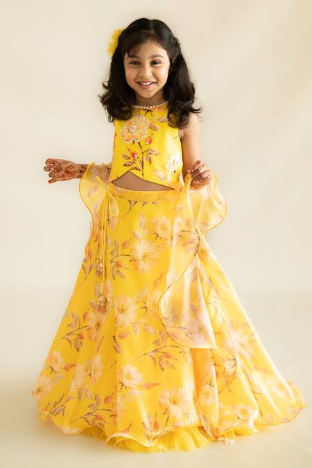 Ruchika Lath Label Yellow Crepe, Organza, Cotton, Silk Buttercup Bloom Print Lehenga Blouse Set at Aza Fashions Ruchika Lath Label_Yellow Crepe, Organza, Cotton, Silk Buttercup Bloom Print Lehenga Blouse Set _at_Aza_Fashions