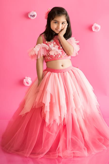 Ruchika Lath Label Pink Crepe, Tulle Sequins, Embroidery Hummingbird Bloom Lehenga With Blouse 