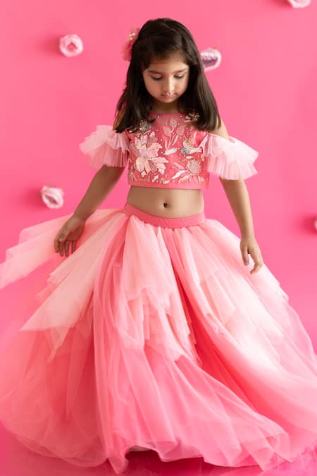 Buy Ruchika Lath Label Pink Crepe, Tulle Sequins, Embroidery Hummingbird Bloom Lehenga With Blouse Online at Aza Fashions Buy_Ruchika Lath Label_Pink Crepe, Tulle Sequins, Embroidery Hummingbird Bloom Lehenga With Blouse _Online_at_Aza_Fashions