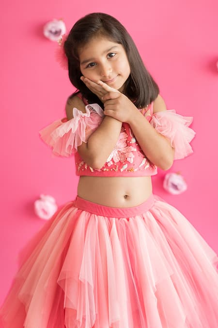 Ruchika Lath Label Pink Crepe, Tulle Sequins, Embroidery Hummingbird Bloom Lehenga With Blouse at Aza Fashions Ruchika Lath Label_Pink Crepe, Tulle Sequins, Embroidery Hummingbird Bloom Lehenga With Blouse _at_Aza_Fashions