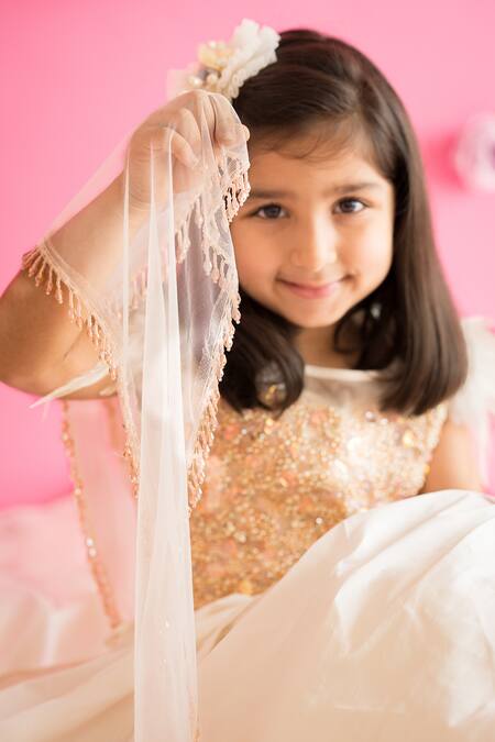 Ruchika Lath Label_White Tulle, Crepe Pearls, Sequins, Stones, Beads Encrusted Blouse Lehenga Set _Online_at_Aza_Fashions