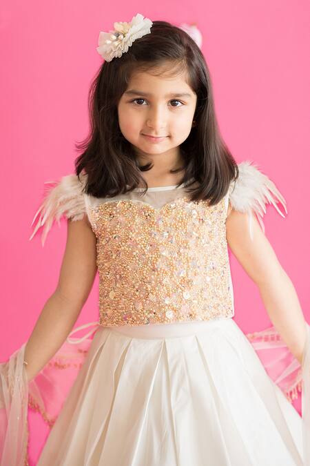 Ruchika Lath Label_White Tulle, Crepe Pearls, Sequins, Stones, Beads Encrusted Blouse Lehenga Set _at_Aza_Fashions