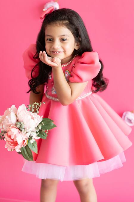 Ruchika Lath Label Pink Brocade Embroidery Barbie Embellished Bodice Satin Dress Online at Aza Fashions Ruchika Lath Label_Pink Brocade Embroidery Barbie Embellished Bodice Satin Dress _Online_at_Aza_Fashions