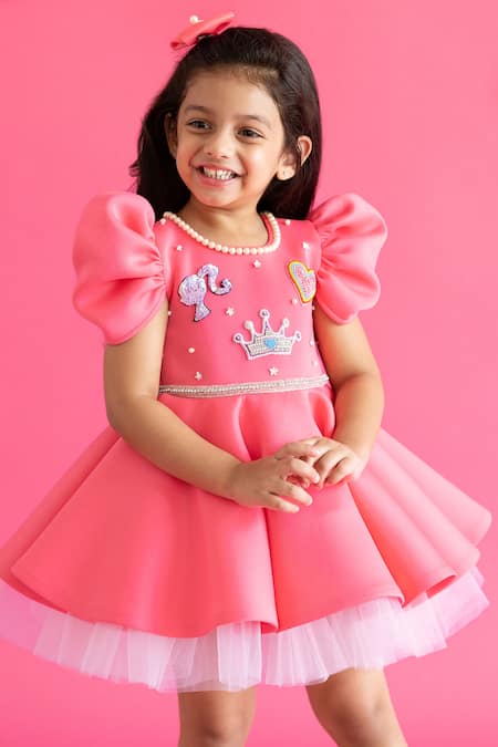 Ruchika Lath Label Pink Brocade Embroidery Barbie Embellished Bodice Satin Dress at Aza Fashions Ruchika Lath Label_Pink Brocade Embroidery Barbie Embellished Bodice Satin Dress _at_Aza_Fashions