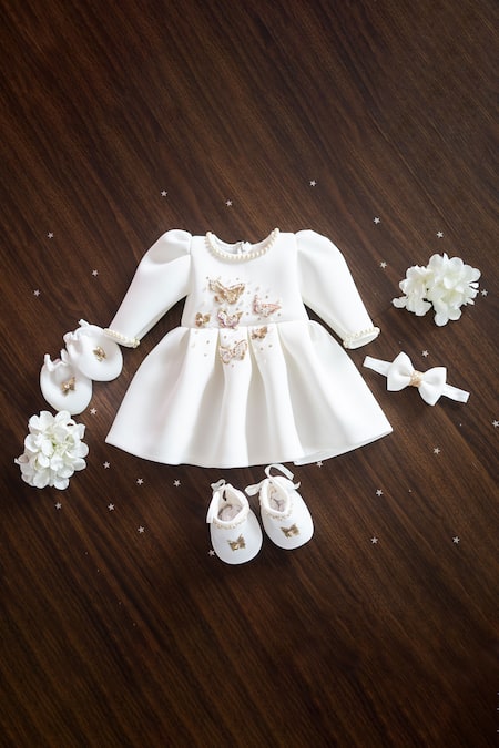 Ruchika Lath Label White Neoprene Sequins, Embroidery Monarch Embellished Dress Set 