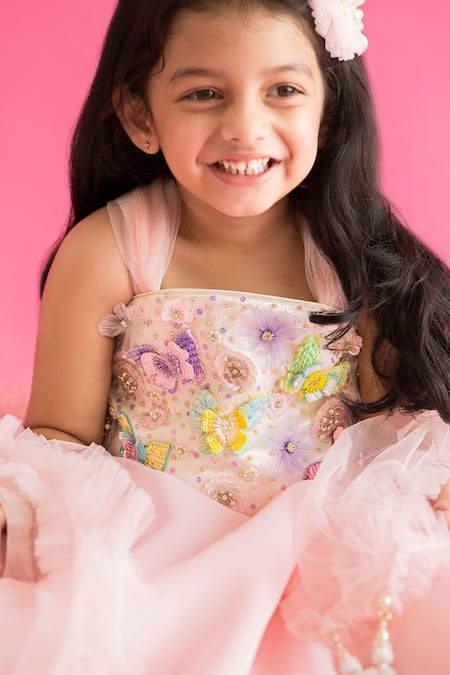 Ruchika Lath Label Pink Brocade, Organza Sequins, Butterfly Magic Embellished Blouse Lehenga Set at Aza Fashions Ruchika Lath Label_Pink Brocade, Organza Sequins, Butterfly Magic Embellished Blouse Lehenga Set _at_Aza_Fashions