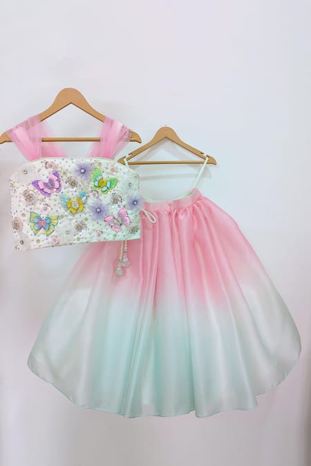 Ruchika Lath Label Pink Satin, Organza Embroidery, Butterfly Paradise Blouse With Ombre Lehenga 