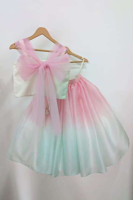 Shop Ruchika Lath Label Pink Satin, Organza Embroidery, Butterfly Paradise Blouse With Ombre Lehenga at Aza Fashions Shop_Ruchika Lath Label_Pink Satin, Organza Embroidery, Butterfly Paradise Blouse With Ombre Lehenga _at_Aza_Fashions