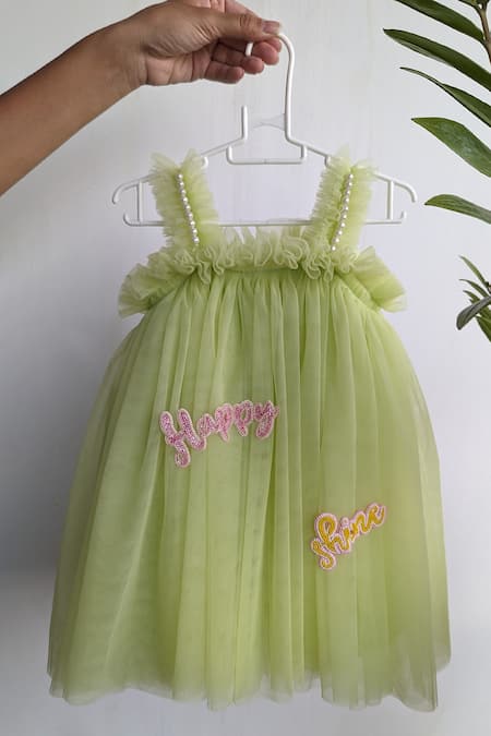 Ruchika Lath Label Green Tulle Beads Text Embellished Dress 