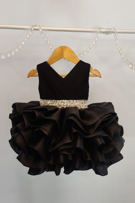 Ruchika Lath Label Black Crepe, Organza Sequins Multi Tiered Swan Dress 