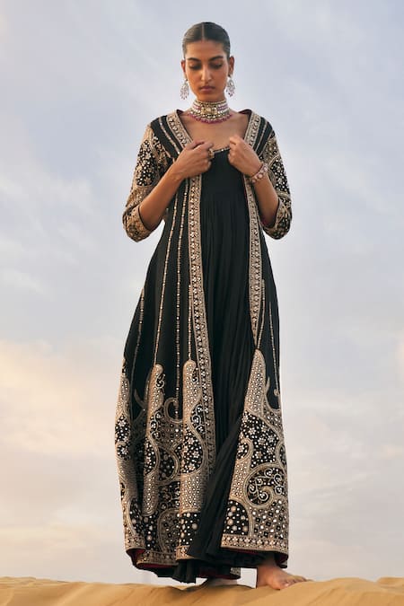 Punit Balana_Black Silk Mirrors, Embroidery Square Neck, Open Anarkali With And Salma Jacket _Online_at_Aza_Fashions