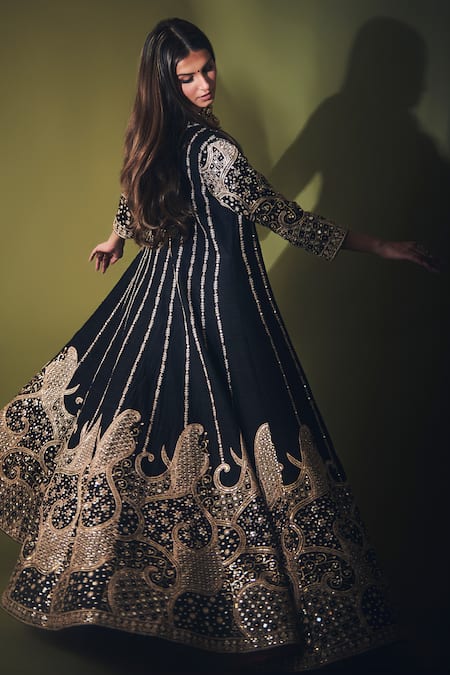 Shop_Punit Balana_Black Silk Mirrors, Embroidery Square Neck, Open Anarkali With And Salma Jacket 