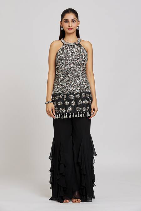 Nitisha Kashyap Official_Black Silk, Georgette, Net Embroidery, Beads, Mirrors, Sequins Kurta Sharara Set _Online_at_Aza_Fashions