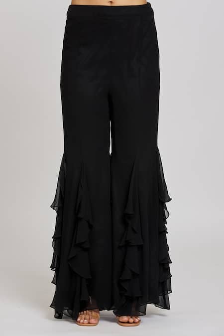 Shop_Nitisha Kashyap Official_Black Silk, Georgette, Net Embroidery, Beads, Mirrors, Sequins Kurta Sharara Set _Online_at_Aza_Fashions