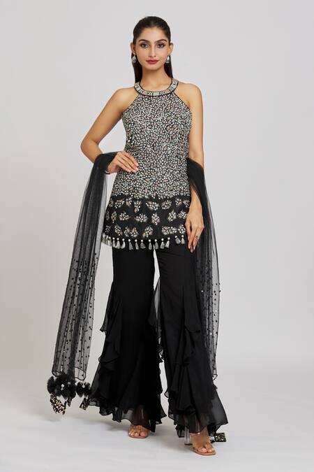 Nitisha Kashyap Official_Black Silk, Georgette, Net Embroidery, Beads, Mirrors, Sequins Kurta Sharara Set _at_Aza_Fashions