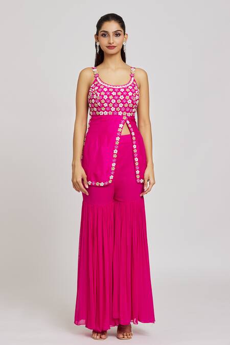 Nitisha Kashyap Official_Pink Silk, Georgette, Net Beads, Embroidery Round Side Slit Kurta Gharara Set _Online_at_Aza_Fashions