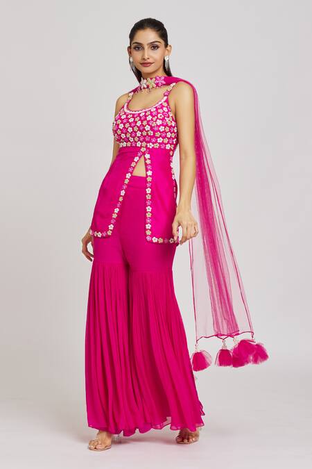 Buy_Nitisha Kashyap Official_Pink Silk, Georgette, Net Beads, Embroidery Round Side Slit Kurta Gharara Set _Online_at_Aza_Fashions