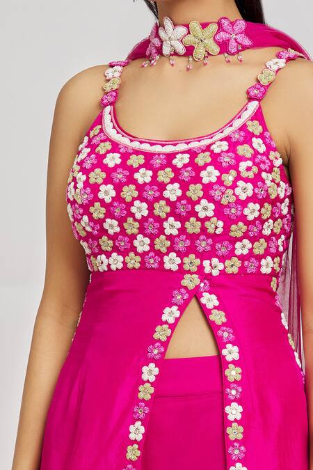 Shop_Nitisha Kashyap Official_Pink Silk, Georgette, Net Beads, Embroidery Round Side Slit Kurta Gharara Set _Online_at_Aza_Fashions