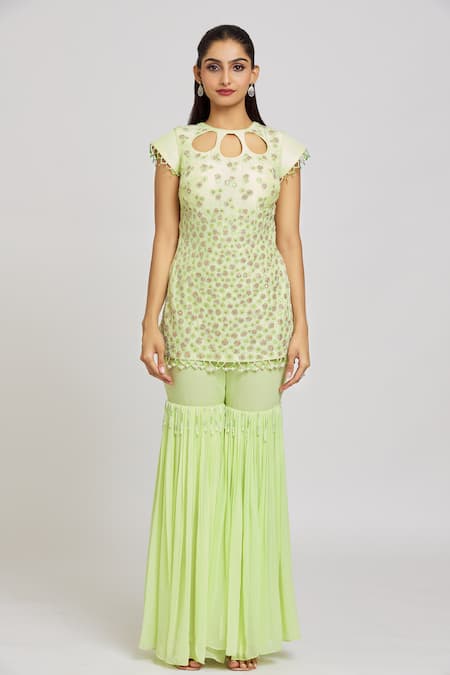 Nitisha Kashyap Official_Green Silk, Net, Georgette Mirrors, Beads Floral Embroidered Kurta Gharara Set _Online_at_Aza_Fashions