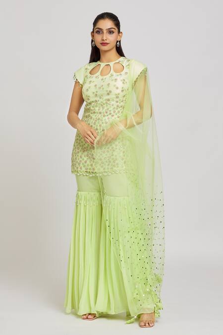 Buy_Nitisha Kashyap Official_Green Silk, Net, Georgette Mirrors, Beads Floral Embroidered Kurta Gharara Set _Online_at_Aza_Fashions