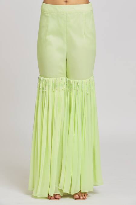 Nitisha Kashyap Official_Green Silk, Net, Georgette Mirrors, Beads Floral Embroidered Kurta Gharara Set _at_Aza_Fashions