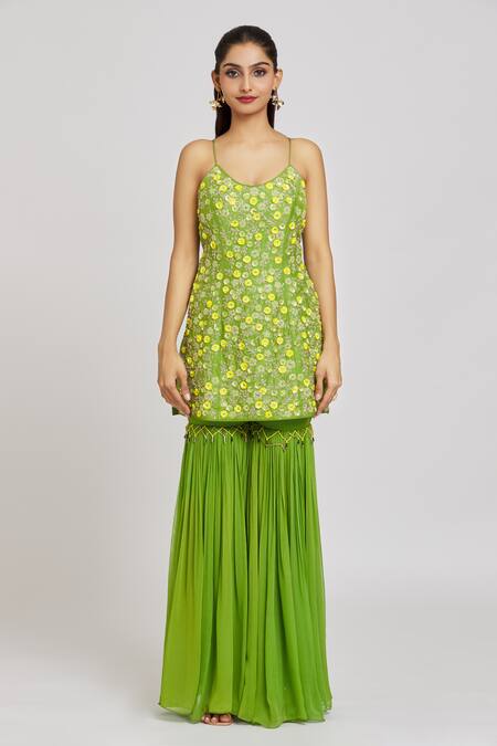 Nitisha Kashyap Official_Green Silk, Net, Georgette Sequins, And Zardosi Embroidered Kurta Sharara Set _Online_at_Aza_Fashions
