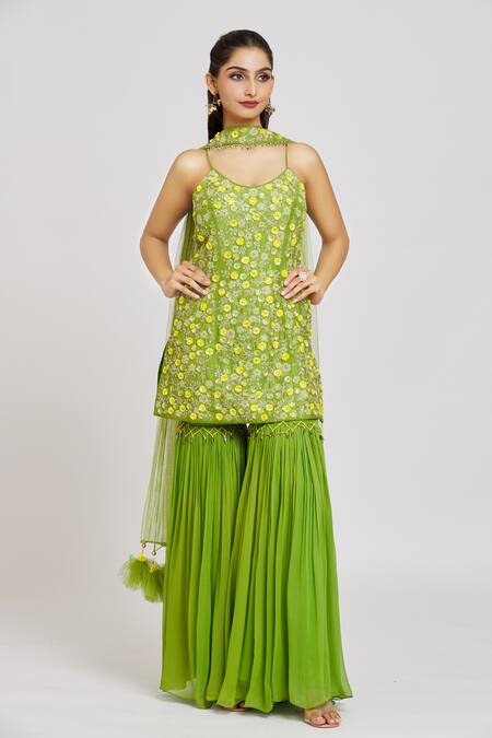 Buy_Nitisha Kashyap Official_Green Silk, Net, Georgette Sequins, And Zardosi Embroidered Kurta Sharara Set _Online_at_Aza_Fashions