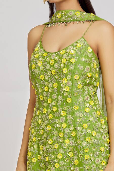 Shop_Nitisha Kashyap Official_Green Silk, Net, Georgette Sequins, And Zardosi Embroidered Kurta Sharara Set _Online_at_Aza_Fashions