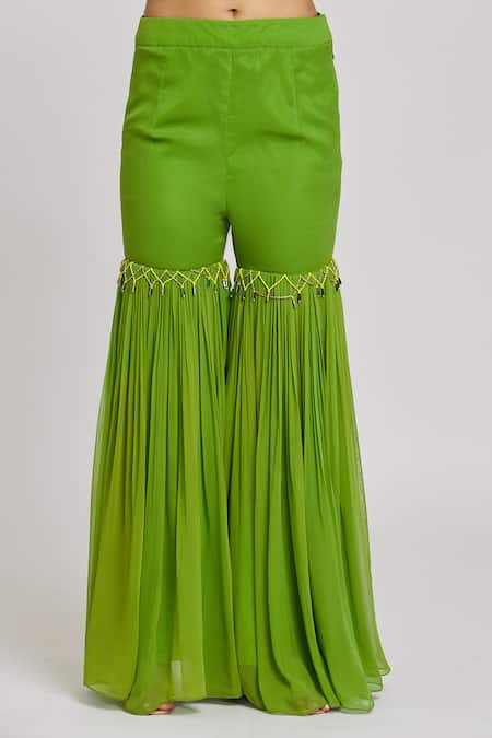 Nitisha Kashyap Official_Green Silk, Net, Georgette Sequins, And Zardosi Embroidered Kurta Sharara Set _at_Aza_Fashions