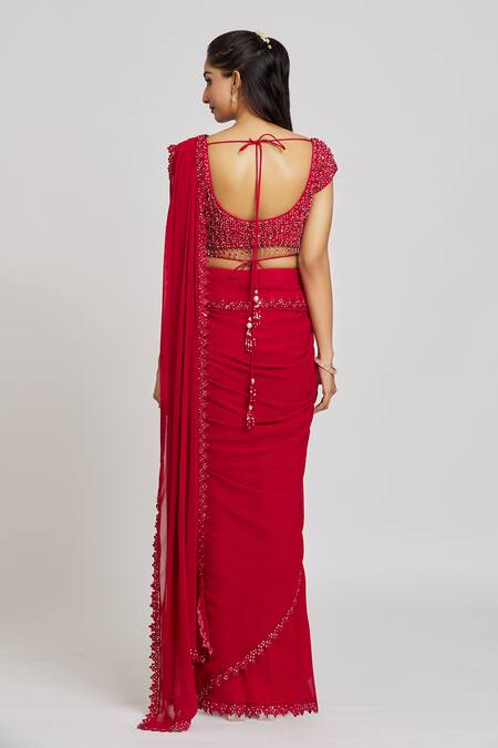 Shop Nitisha Kashyap Official Red Silk, Georgette, Organza Beads, Embroidered Pre-draped Saree With Blouse at Aza Fashions Shop_Nitisha Kashyap Official_Red Silk, Georgette, Organza Beads, Embroidered Pre-draped Saree With Blouse _at_Aza_Fashions