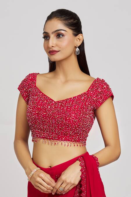 Nitisha Kashyap Official Red Silk, Georgette, Organza Beads, Embroidered Pre-draped Saree With Blouse Online at Aza Fashions Nitisha Kashyap Official_Red Silk, Georgette, Organza Beads, Embroidered Pre-draped Saree With Blouse _Online_at_Aza_Fashions