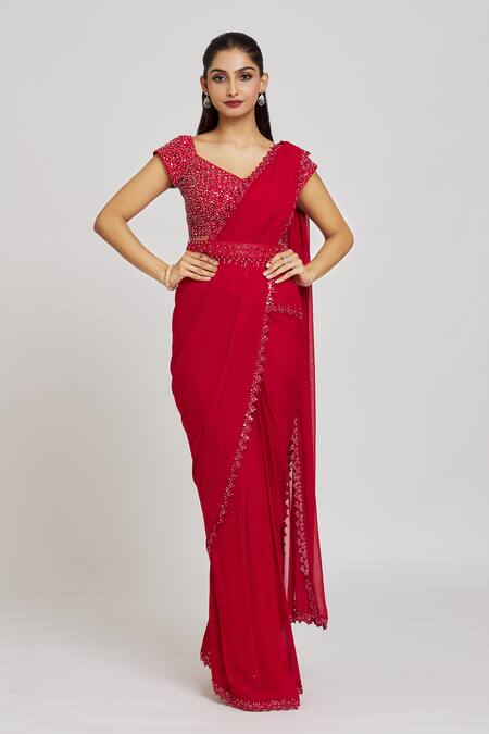 Buy Nitisha Kashyap Official Red Silk, Georgette, Organza Beads, Embroidered Pre-draped Saree With Blouse Online at Aza Fashions Buy_Nitisha Kashyap Official_Red Silk, Georgette, Organza Beads, Embroidered Pre-draped Saree With Blouse _Online_at_Aza_Fashions