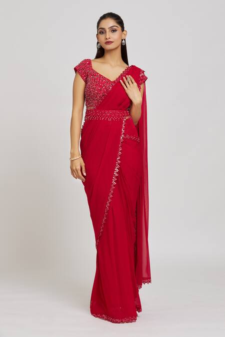 Shop Nitisha Kashyap Official Red Silk, Georgette, Organza Beads, Embroidered Pre-draped Saree With Blouse Online at Aza Fashions Shop_Nitisha Kashyap Official_Red Silk, Georgette, Organza Beads, Embroidered Pre-draped Saree With Blouse _Online_at_Aza_Fashions