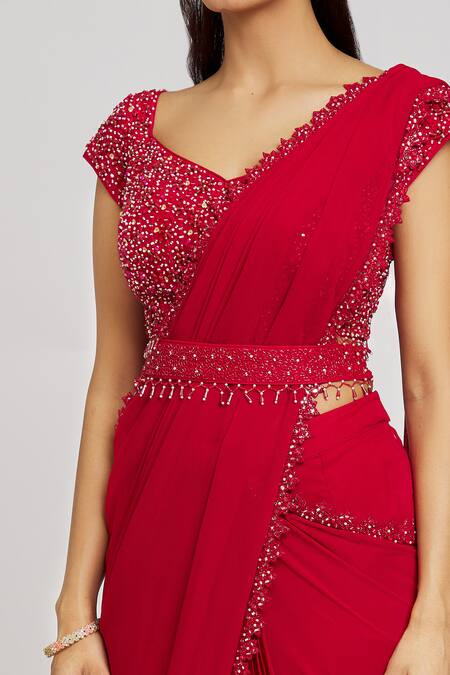 Nitisha Kashyap Official Red Silk, Georgette, Organza Beads, Embroidered Pre-draped Saree With Blouse at Aza Fashions Nitisha Kashyap Official_Red Silk, Georgette, Organza Beads, Embroidered Pre-draped Saree With Blouse _at_Aza_Fashions