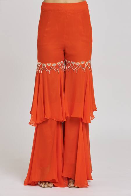 Buy_Nitisha Kashyap Official_Orange Silk, Georgette Beads, Mirrors, Embroidery Square Neck Jacket Gharara Set 