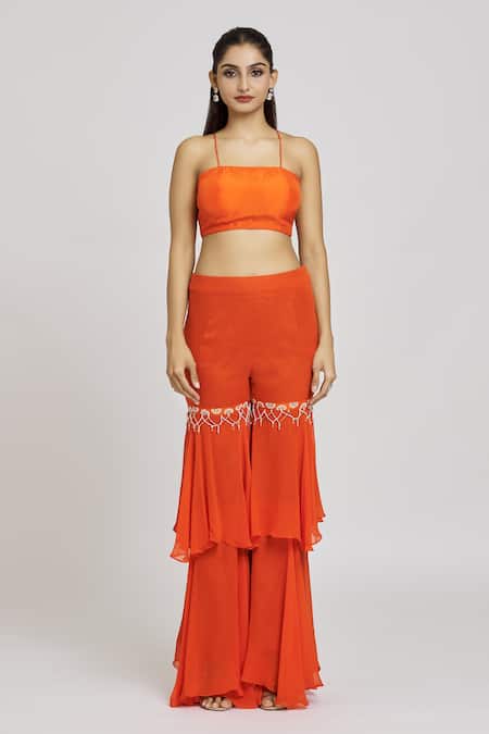 Nitisha Kashyap Official_Orange Silk, Georgette Beads, Mirrors, Embroidery Square Neck Jacket Gharara Set _Online_at_Aza_Fashions