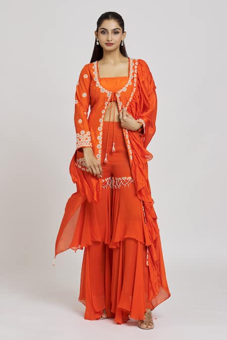 Shop_Nitisha Kashyap Official_Orange Silk, Georgette Beads, Mirrors, Embroidery Square Neck Jacket Gharara Set _Online_at_Aza_Fashions