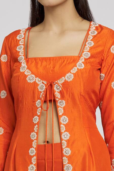 Nitisha Kashyap Official_Orange Silk, Georgette Beads, Mirrors, Embroidery Square Neck Jacket Gharara Set _at_Aza_Fashions