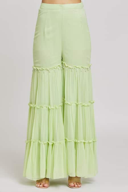 Buy_Nitisha Kashyap Official_Green Silk, Net, Georgette Mirrors, Cut Work, Embroidery, Beads Cape Gharara Set 