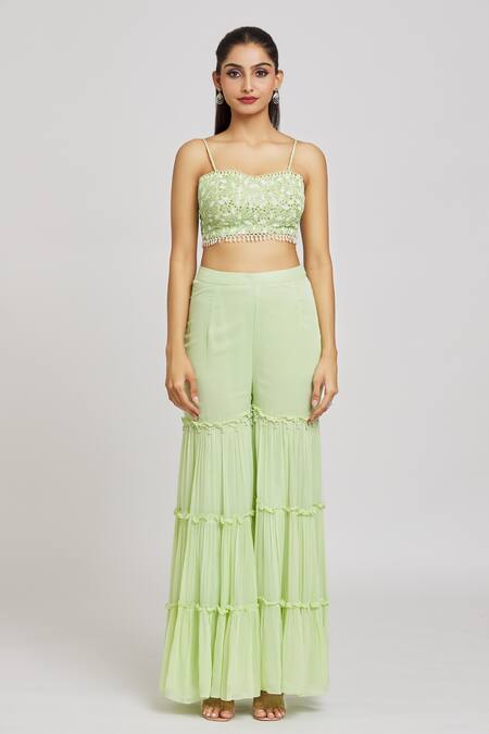 Nitisha Kashyap Official_Green Silk, Net, Georgette Mirrors, Cut Work, Embroidery, Beads Cape Gharara Set _Online_at_Aza_Fashions