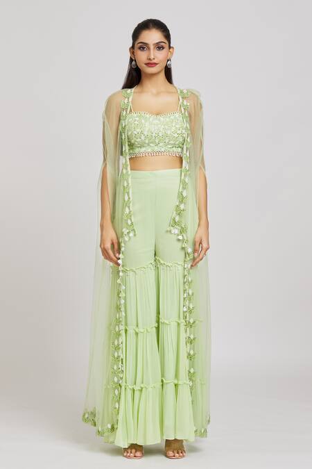Buy_Nitisha Kashyap Official_Green Silk, Net, Georgette Mirrors, Cut Work, Embroidery, Beads Cape Gharara Set _Online_at_Aza_Fashions