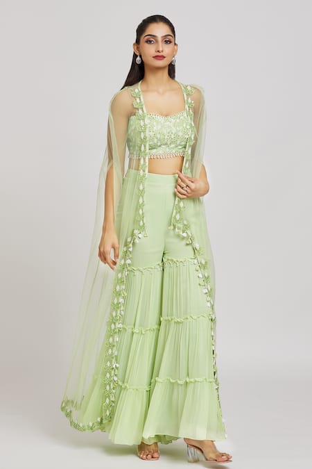 Shop_Nitisha Kashyap Official_Green Silk, Net, Georgette Mirrors, Cut Work, Embroidery, Beads Cape Gharara Set _Online_at_Aza_Fashions