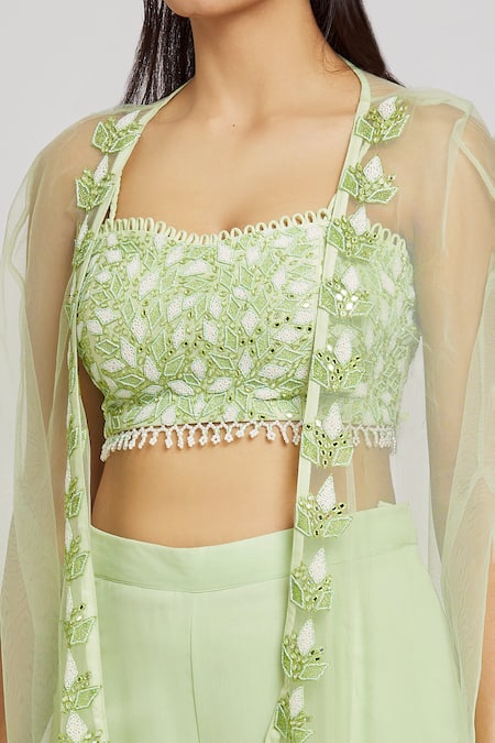 Nitisha Kashyap Official_Green Silk, Net, Georgette Mirrors, Cut Work, Embroidery, Beads Cape Gharara Set _at_Aza_Fashions