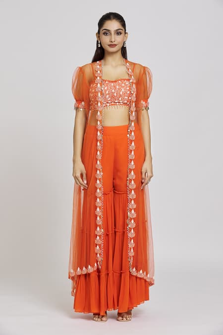 Nitisha Kashyap Official Orange Silk, Net, Georgette Beads, Tassels Embroidered Long Cape Gharara Set Online at Aza Fashions Nitisha Kashyap Official_Orange Silk, Net, Georgette Beads, Tassels Embroidered Long Cape Gharara Set _Online_at_Aza_Fashions