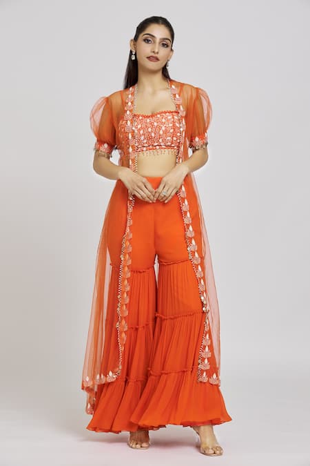Buy Nitisha Kashyap Official Orange Silk, Net, Georgette Beads, Tassels Embroidered Long Cape Gharara Set Online at Aza Fashions Buy_Nitisha Kashyap Official_Orange Silk, Net, Georgette Beads, Tassels Embroidered Long Cape Gharara Set _Online_at_Aza_Fashions